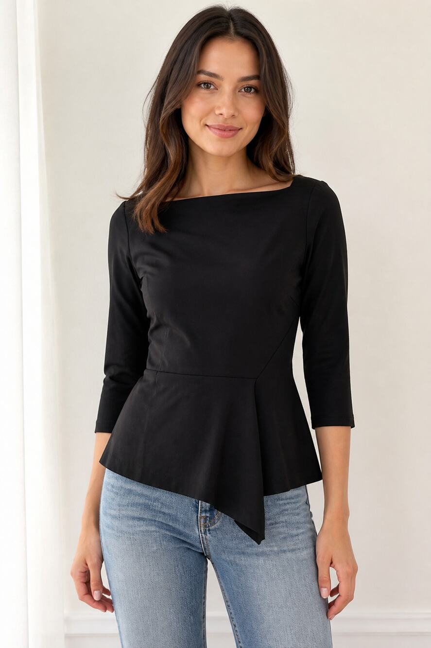 J. McLaughlin Women's Black Asymmetrical Peplum Stretch Top Size M